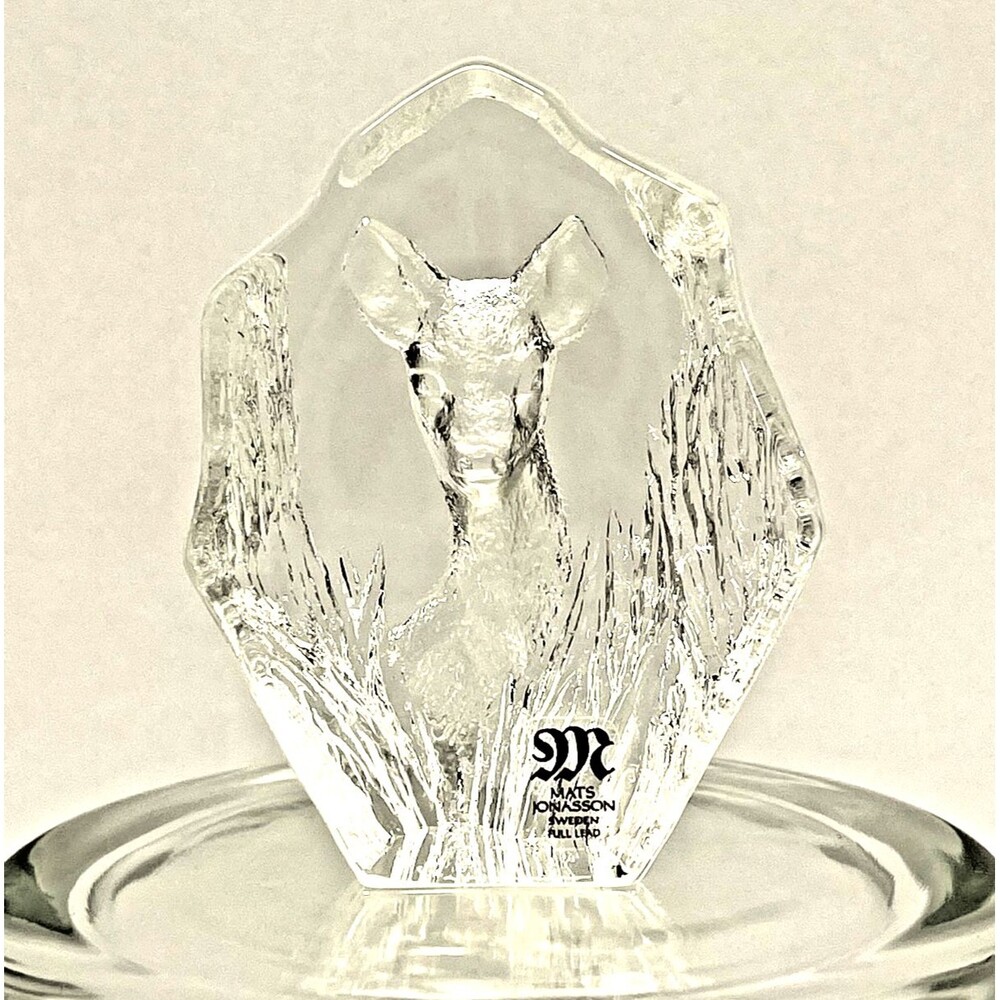 Mats Jonasson Sweden F Lead Crystal Deer 2.5" Etched Figurine Paperweight-Signed